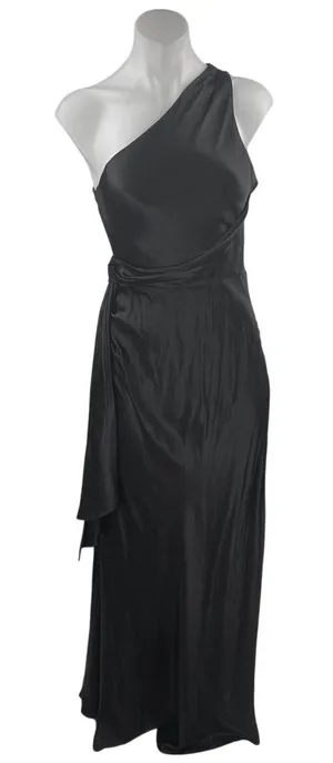 NEW Meshki Black Silk Satin One Shoulder Sleeveless Tie Waist Maxi Dress Size S thumbnail 1