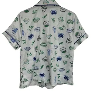 Kate Spade Blue Green Novelty Coffee Print Satin Pajama‎ Top Cozy Feminine XS thumbnail 5