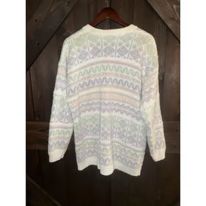 VTG Marsh Landing Sweater Women's‎ L Large Pastel Fair Isle Cardigan Cream 90s thumbnail 5
