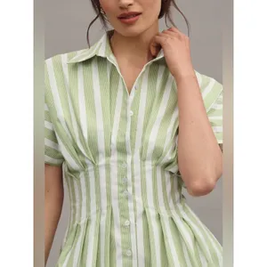 Exquise Tobie Green Striped Button Front Pleated Mini Shirtdress Medium New NWT thumbnail 4