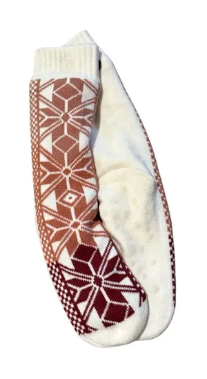 Fuzzy Babba 1 Pair of Socks White & Red Snowflake Print Grippy Bottoms‎ NEW thumbnail 1