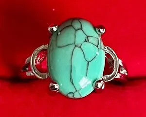 Turquoise Ring Oval Silver Green Stone Bohemian Ring Size 6 thumbnail 1