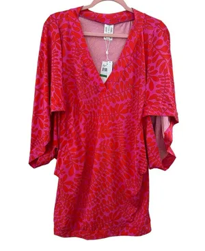 Trina Turk Pink Orange Print Stretch Swim Vneck Popover Coverup L thumbnail 4