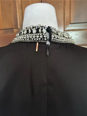 MISA Los Angeles Kira Black‎ Satin Midi Dress Crystal Embellished Neck Medium thumbnail 6