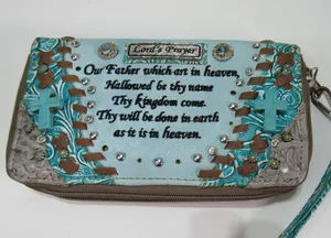 Teal Double Zip Studded Spiritual Tooled Cross Clutch Wallet Cowgirl Y2K thumbnail 1