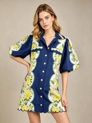 NWOT Farm Rio Linen Blend Blue Scalloped Floral Garden Mini Dress Size XXS/W38 thumbnail 1