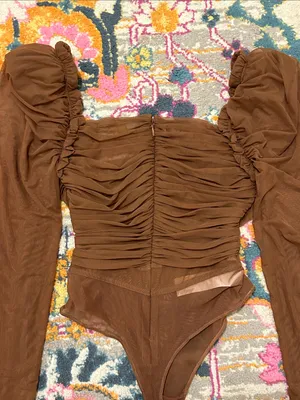 House Of CB Emme Mocha Ruched Chiffon Puff Sleeve Bodysuit Top Size Large thumbnail 12