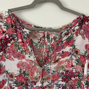 Anthropologie RAGA Pink Red Rose Floral Long Sleeve Tie Neck Boho Maxi Flowy Dress M thumbnail 3