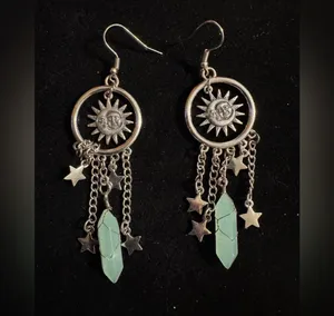 Celestial Moon Sun Star Chandelier Silver Tone Faux Crystal Dangle Earrings thumbnail 3