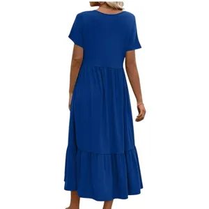 NWT ~ Blue Summer Short Sleeve Casual Crewneck Long Maxi Dress with Pockets ~ SM thumbnail 2