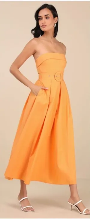 Lulus Trendsetting Choice Orange Strapless Midi Dress Pockets Size Small Wedding thumbnail 1