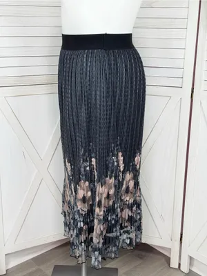 Metrowear Pleated Floral Boarder Sheer Midi‎ Skirt Steel Blue Peach Large thumbnail 2