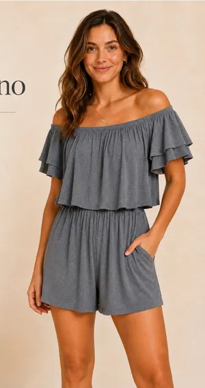 Soprano Gray Ribbed Off-Shoulder Romper‎ thumbnail 1