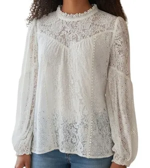 WHITE HOUSE BLACK MARKET White‎ Mock Neck L/S Eyelet Lined Blouse EUC Size 4 thumbnail 1