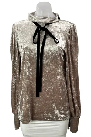 Leha Women Beige Velvet Velour Long Sleeve Tie Bow Mock Neck Blouse Top Size M thumbnail 1