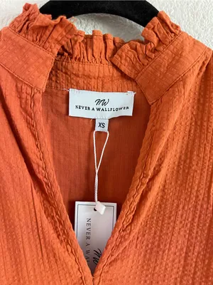 NWT‎ Never a Wallflower High Neck Dress Orange Seersucker Ruffle Puff Sleeve thumbnail 3