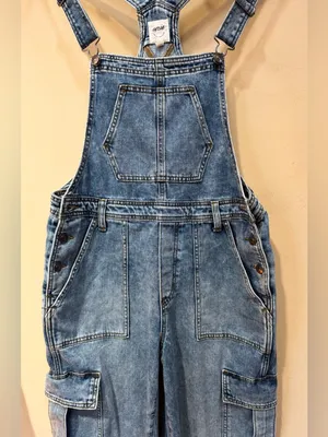 Aerie Baggy Cargo Denim Wide Leg Overalls Medium Wash Adjustable Straps thumbnail 2