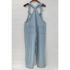 Polagram Overall Button Up Denim Jumpsuit Womens L Blue Light Wash Ruffle Straps thumbnail 3