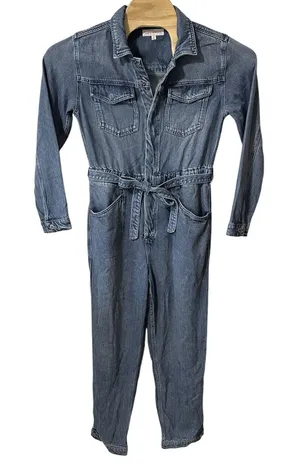 Lucky Brand Jumpsuit Sz Small Liquid Denim Luxe Coveralls Tie‎ Front Long Sleeve thumbnail 1