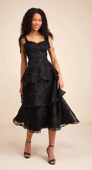 Lulus Glamorous Sweetie Black Burnout Tie-Strap Bustier Midi Dress Size Small thumbnail 1