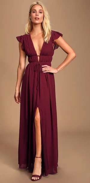 NWT Lulus I’m All Yours Burgundy Ruffle Maxi Dress thumbnail 1