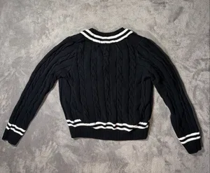 Hope & Henry Women's L Black White Cable Knit V-Neck Sweater Organic Cotton #170 thumbnail 9