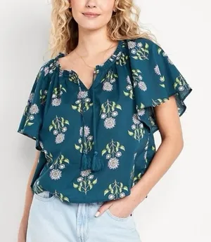 Old Navy Flutter Sleeve Tassel tie Boho Top Teal Floral Cotton Size Medium thumbnail 1