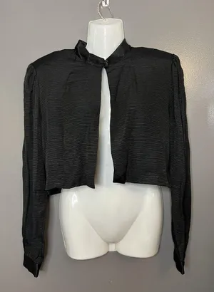Handmade Cropped Jacket Womens Medium Black Textured Stripe Bolero Satin Collar Lined thumbnail 1