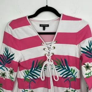 Y2K Juicy Couture Passion Pink/White Stripe Hibiscus Embroidered Dress Small thumbnail 3