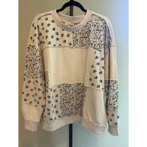 Easel Oversized Flower Patchwork Terry Knit Sweatshirt in Beige Size S thumbnail 3