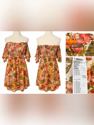 Billabong Coral and Olive Floral Off-the-Shoulder Dress Size Medium thumbnail 4
