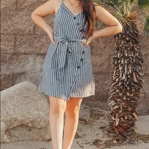 ✨ Button Detail Self Belted Overlap Striped Dress✨ Gray Size L thumbnail 5