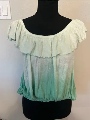 Free People Cora Lee Women’s Off-Shoulder Ruffle Ombre Green Blouse Size L thumbnail 1
