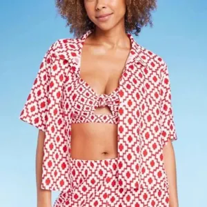 Shade & Shore™ Cropped Button-Up Short Sleeve Cover Up Top - Size XL - Red - NWT thumbnail 4