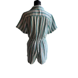 Old Navy XS Petite Coastal Stripe Cotton Romper Blue Green Drawstring Pockets thumbnail 4