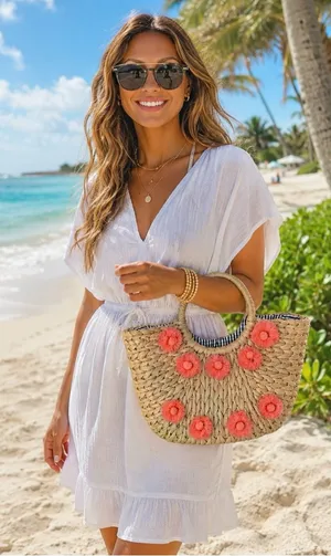 Straw Rattan Tote Bag with Floral Accents & Gingham Lining thumbnail 1