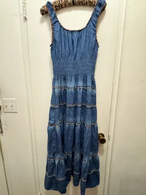 Lapis Blue Tiered Denim-Style Maxi Prairie Milkmaid Vintage Dress Large thumbnail 6