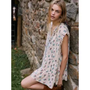 Free People Bohemian Prairie Sundown Mini Dress Tunic Top Ivory Combo Large thumbnail 3