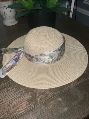 Adrienne Vittadini Beige Straw Sun Hat with Sparkly Floral Scarf thumbnail 5