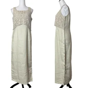 Vintage Y2K 100% Linen Maxi Dress Size 8 Crochet Button Up Fairy Coastal Boho thumbnail 9