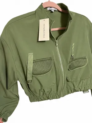 NWT Hot & Delicious Cropped Utility Cargo Jacket Small Olive Green Mesh Pockets thumbnail 7