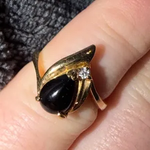 Vintage Gold Tone Pear Cut Black Onyx Bypass Ring with Clear Accent Stone thumbnail 3