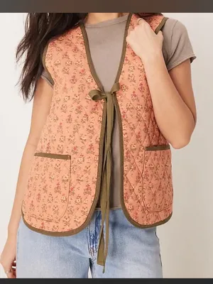 Free People Quilted Floral Peach Tie-Front Vest thumbnail 5