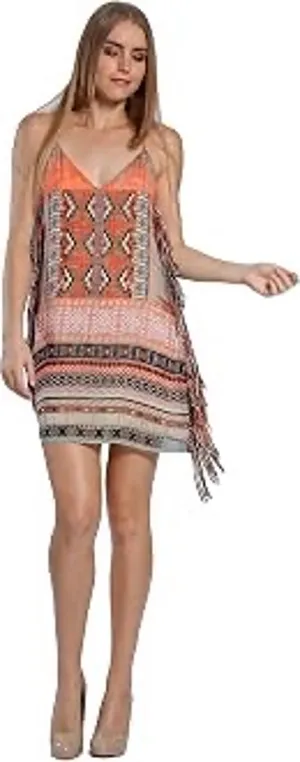 Lavender Brown Orange Aztec Print Fringe Mini Dress Size XS thumbnail 1