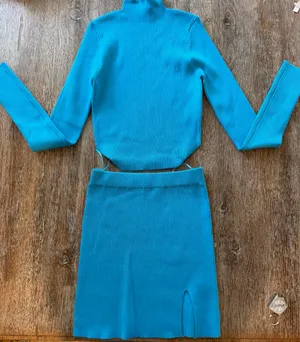Klassy Network Klesis Mini Mock Neck Long-Sleeve Ribbed Top and the matching Ribbed Mini Skirt with Side Split thumbnail 1