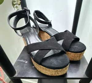Gianni Bini Black Suede Cork Wedge Sandals with Crossover Straps thumbnail 1