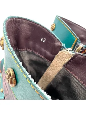 Boho Lagenlook Festival Teal Leather Ankle Boots Snake Print Stud Detail Size 42 thumbnail 13