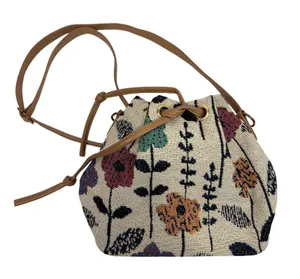 Floral Tapestry Bucket Bag Drawstring Crossbody Tan Faux Leather Trim Boho thumbnail 1