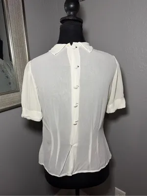 VTG Silk Embroidered Lace Striped Button Back Cottagecore White Top 42 Small thumbnail 6