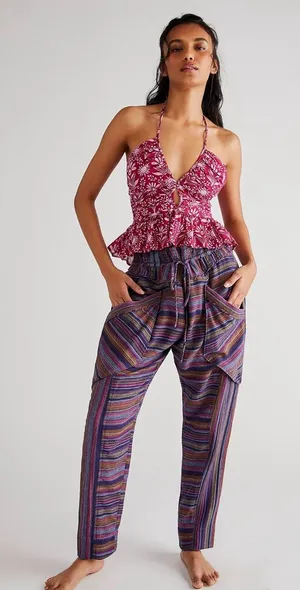 Free People Sweet Escape High‎ Waist Harem Woven Striped Pants Pouch Pockets XS thumbnail 1